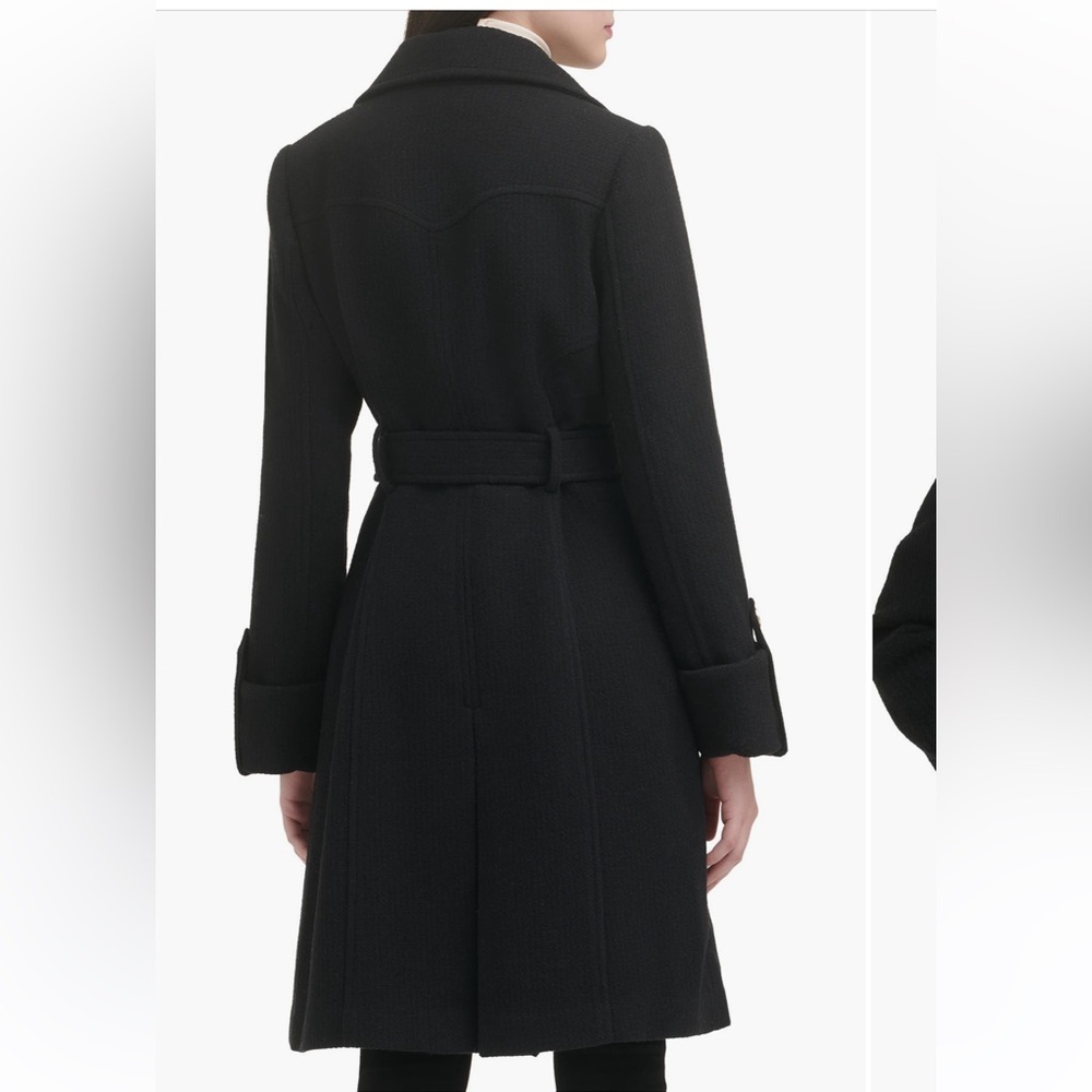 GUESS Black Belted Wool Coat with Gold Buttons - Picture 2 of 3